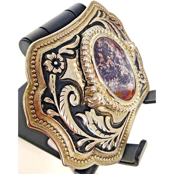 Vintage Belt Buckle Western Style Silver Ornate with Large Black Oval Stone main image 5